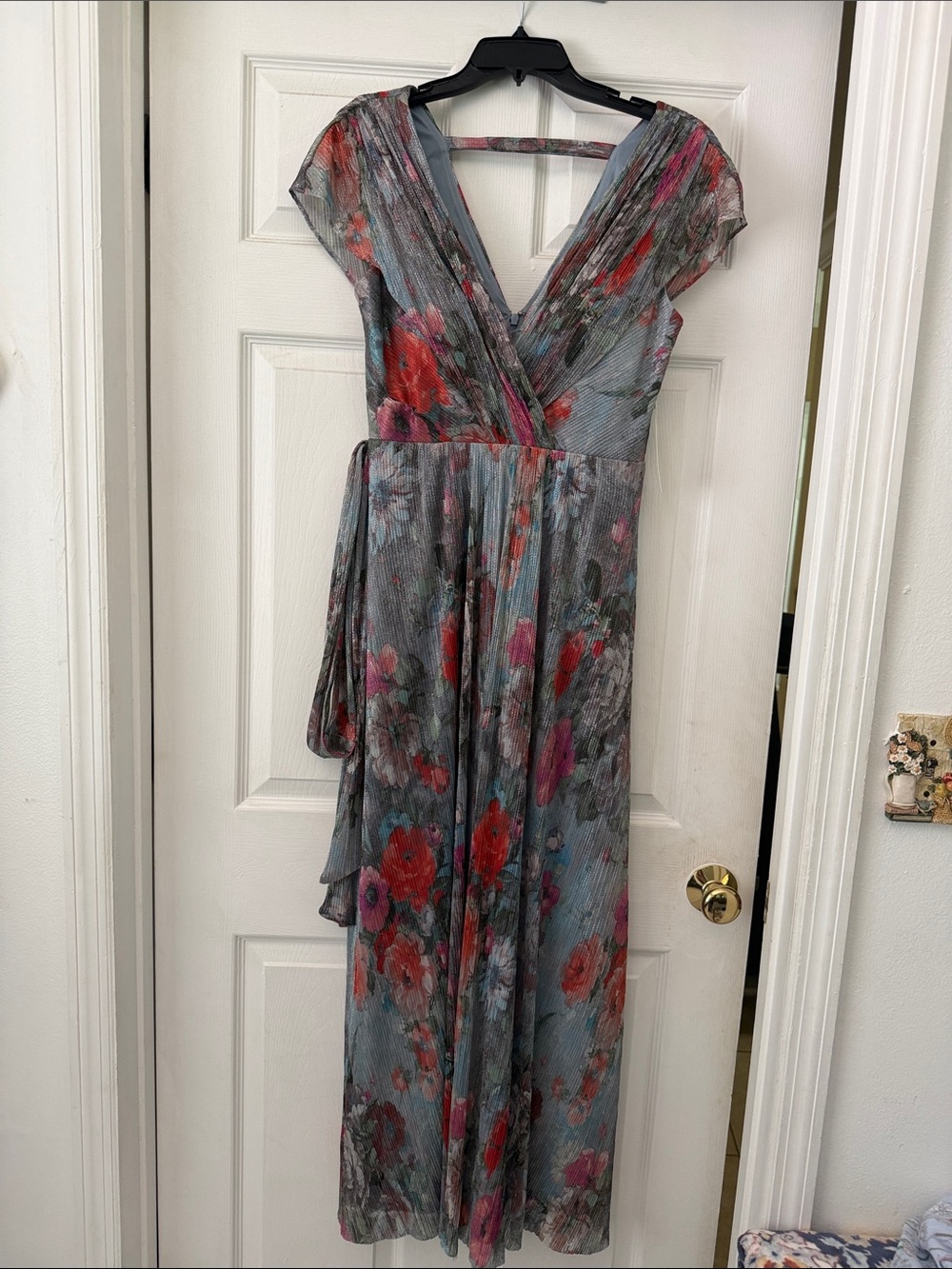 Eliza J Floral Wrap Maxi Dress in Gray with Red Accents